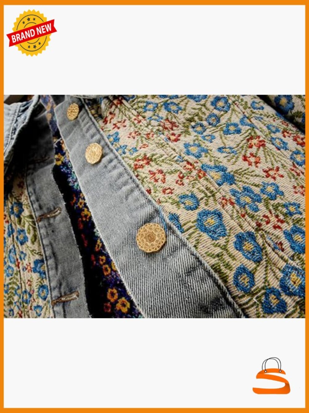 Peter Pan Collar Jacquard Denim Jacket Long Sleeve Button Up - Picture 6 of 6